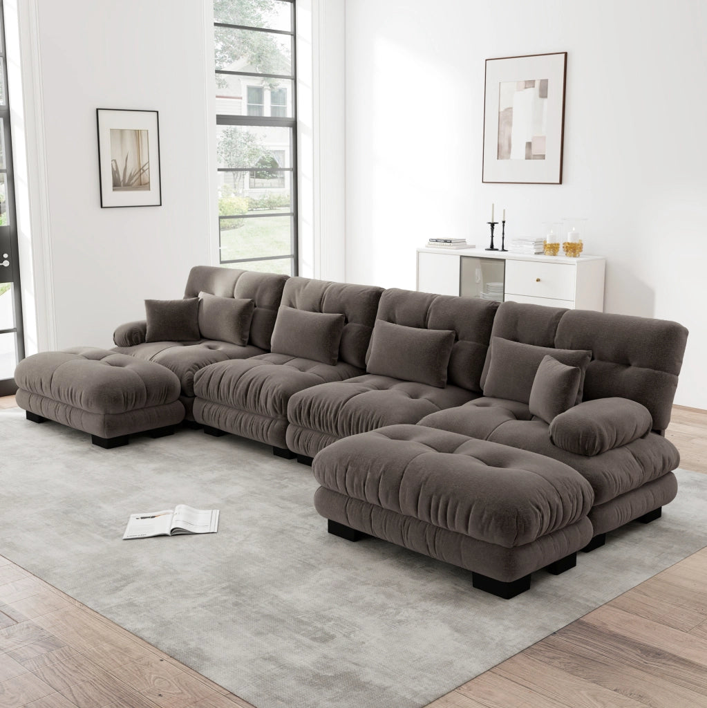 Divano modulare a U 406x145x81 cm in chenille marrone con ottomane mobili