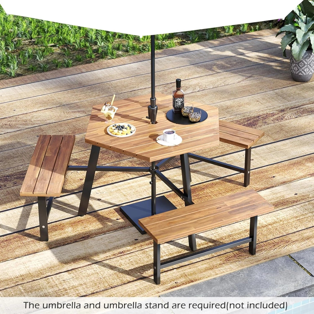 Set di mobili per 6 persone, set da picnic in legno di acacia con foro per ombrellone, set da tavolo e 3 panche per giardino, terrazza, 191 x 165 x 70 cm