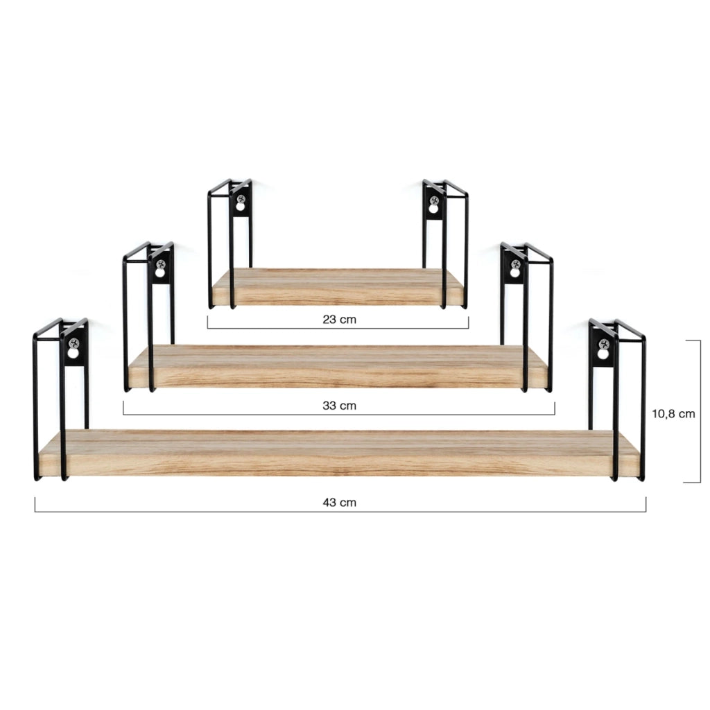 IDMarket - Set di 3 mensole da parete LILY, legno e metallo, design industriale
