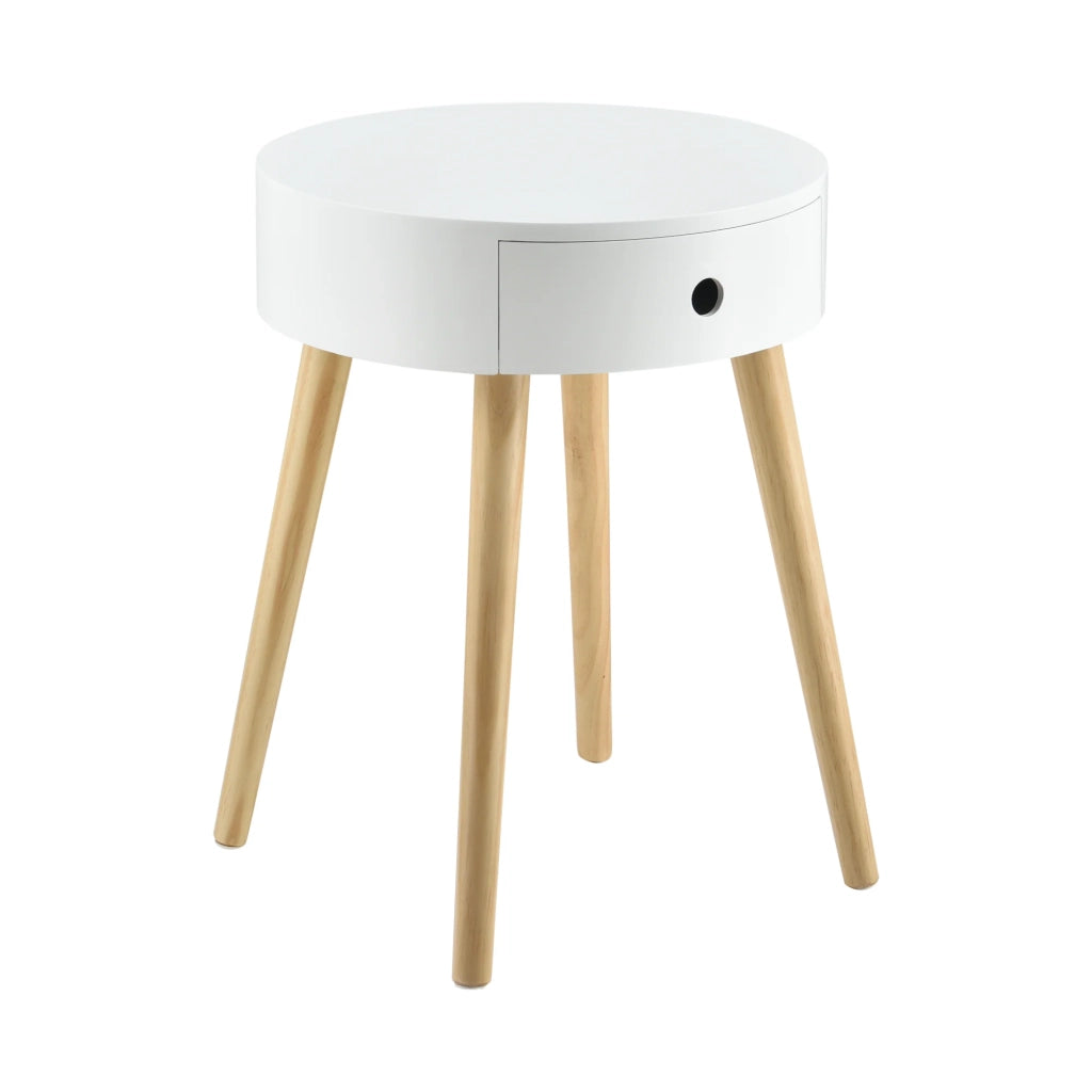 Tavolino rotondo con cassetto cassettiera comodino mobile contenitore MDF laccato e pino bianco 50 x 38 x 38 cm 03_0003145