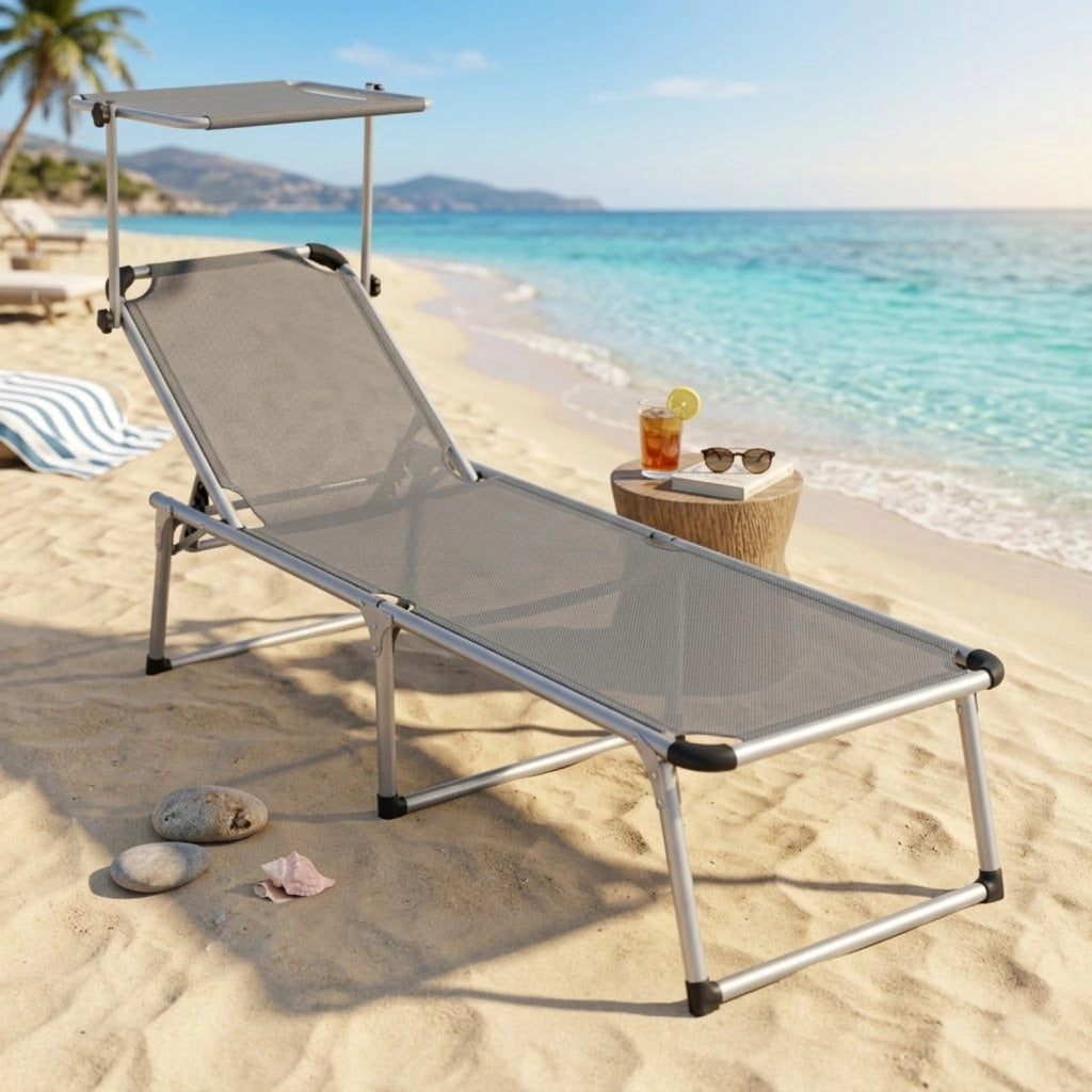 Lettino Pieghevole Prendisole Con Tettuccio Parasole Schienale Reclinabile Regolabile in 6 Posizioni Sedia Sdraio Per Spiaggia Mare Giardino Piscina 187 x 59 x 29 Cm Grigio Scuro