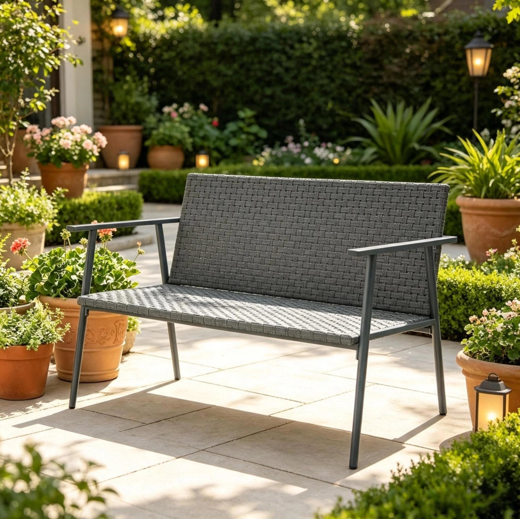 Panchina da giardino 2 posti in resina intrecciata e acciaio zincato; grigio; 110 cm