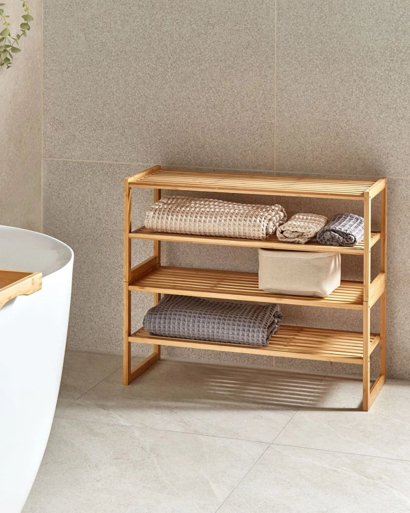 Scaffale da bagno in marrone chiaro di bambù a 4 livelli impilabile per l'archiviazione del bagno