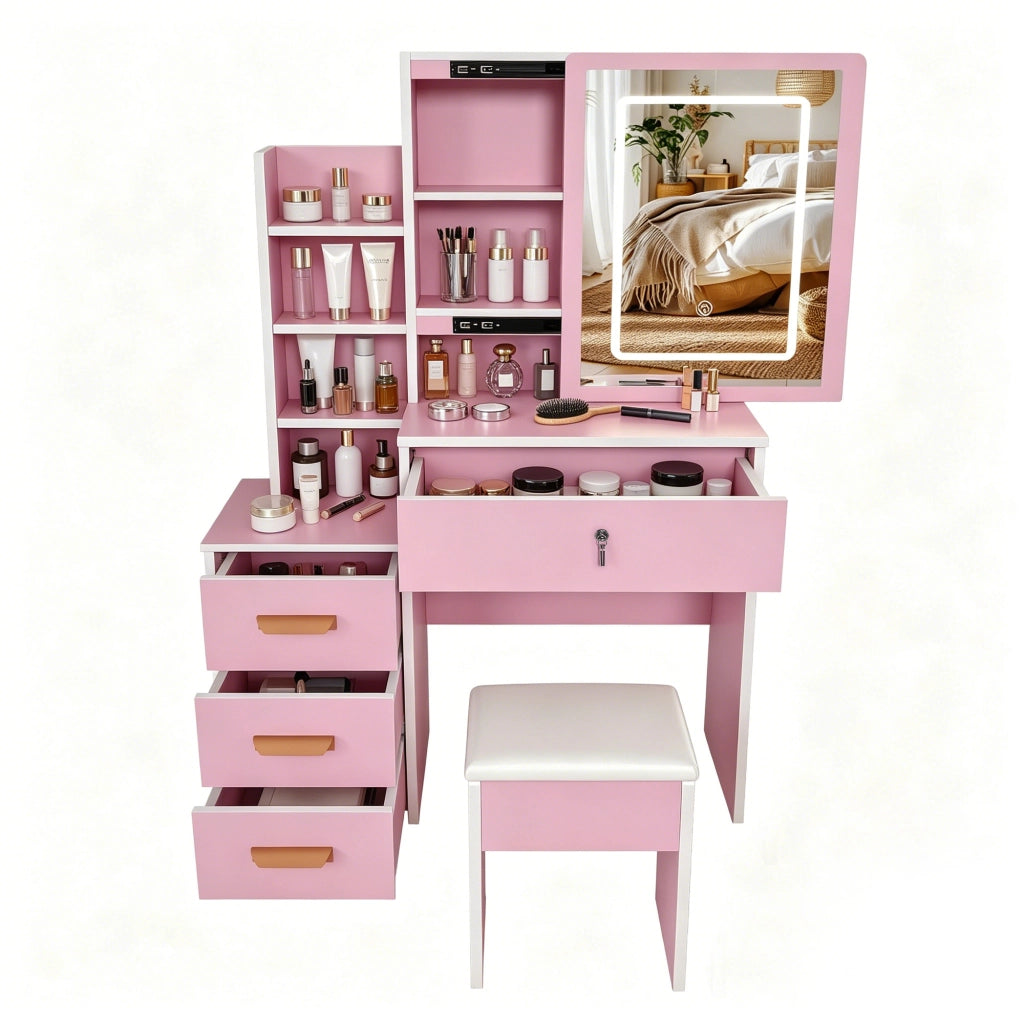 Tocador con specchio LED, 4 cassetti, 3 modalità luce, MDF, rosa