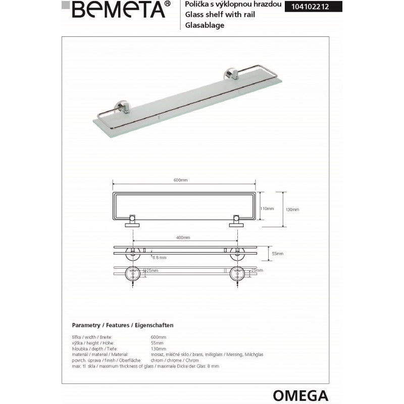 Mensola da parete per doccia in vetro con binario OMEGA 60x5,5x13cm