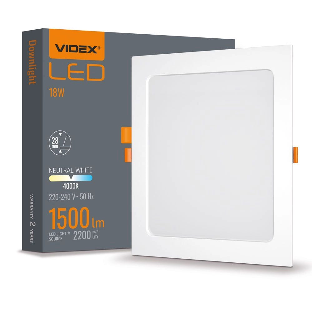 Downlight incasso quadrato bianco 22,4cm 18W 4000K Videx