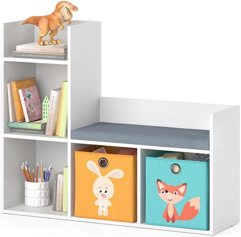Scaffale per bambini Luigi, Bianco, 107.2 x 88.6 cm con 2 scatole pieghevoli opt.1, con seduta imbottita e quattro ripiani aperti