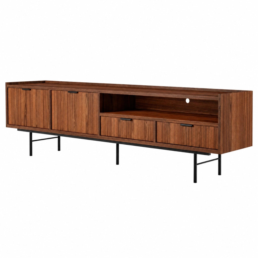 Mobile Porta TV Moderno Per Salotto Zona Living Soggiorno Con 2 Ante A Ribalta 2 Cassetti Vano A Giorno Passacavo Struttura In Melaminico Design Contemporaneo 200 X 40 X 55 Cm Noce