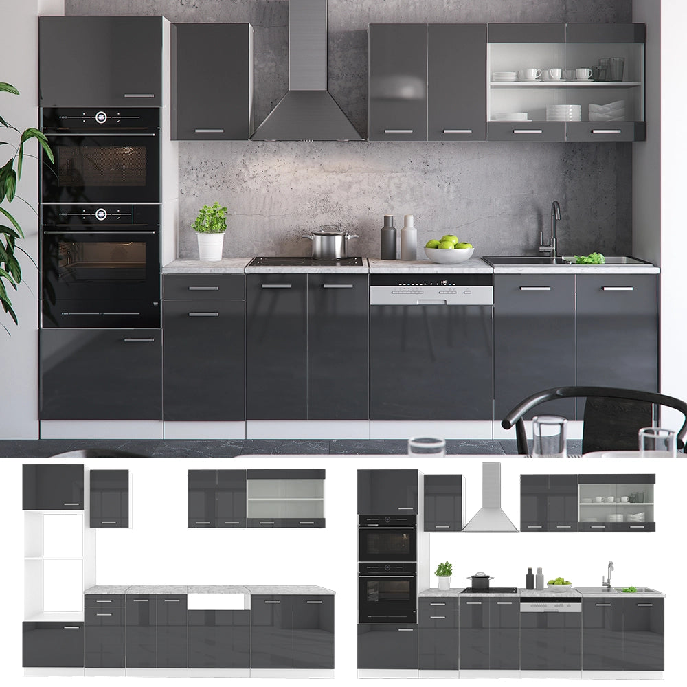 Vicco Cucina componibile Antracite lucido/bianco 300 cm con armadio alto, PL Antracite