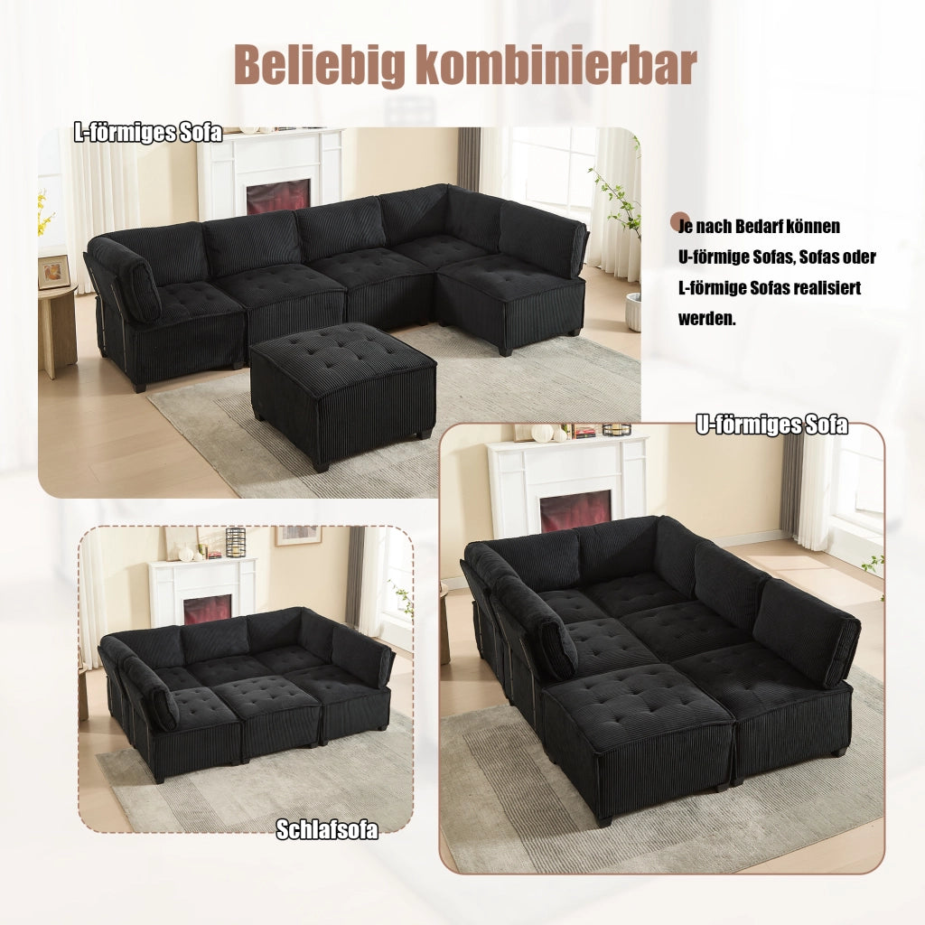OKWISH Divano Modulare 6 Posti, Configurazione a U o L e Funzione Letto, Tasche Laterali, Velluto a Coste, Nero