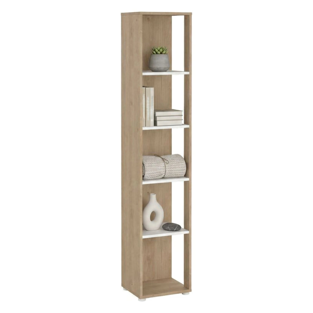 Libreria Baaz, Scaffale da ufficio, Mobile portalibri, Biblioteca, 41x34 h205 cm, Rovere e Bianco