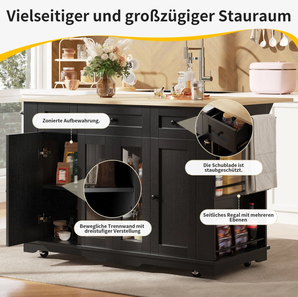 Isola da cucina pieghevole con piano effetto legno, nera