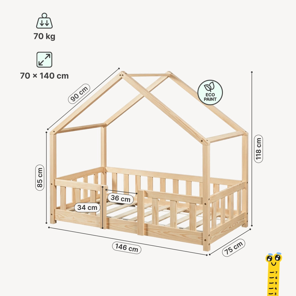 Letto per Cameretta Treviolo a Forma di Casetta in Stile Montessori 70x140 cm Naturale [en.casa]