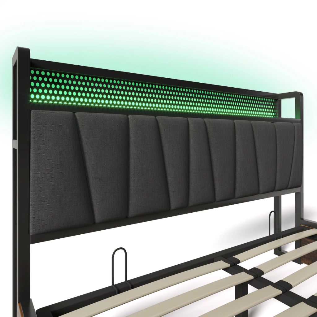 Letto matrimoniale 160x200 cm in metallo e lino grigio con LED RGBW, prese USB e contenitore