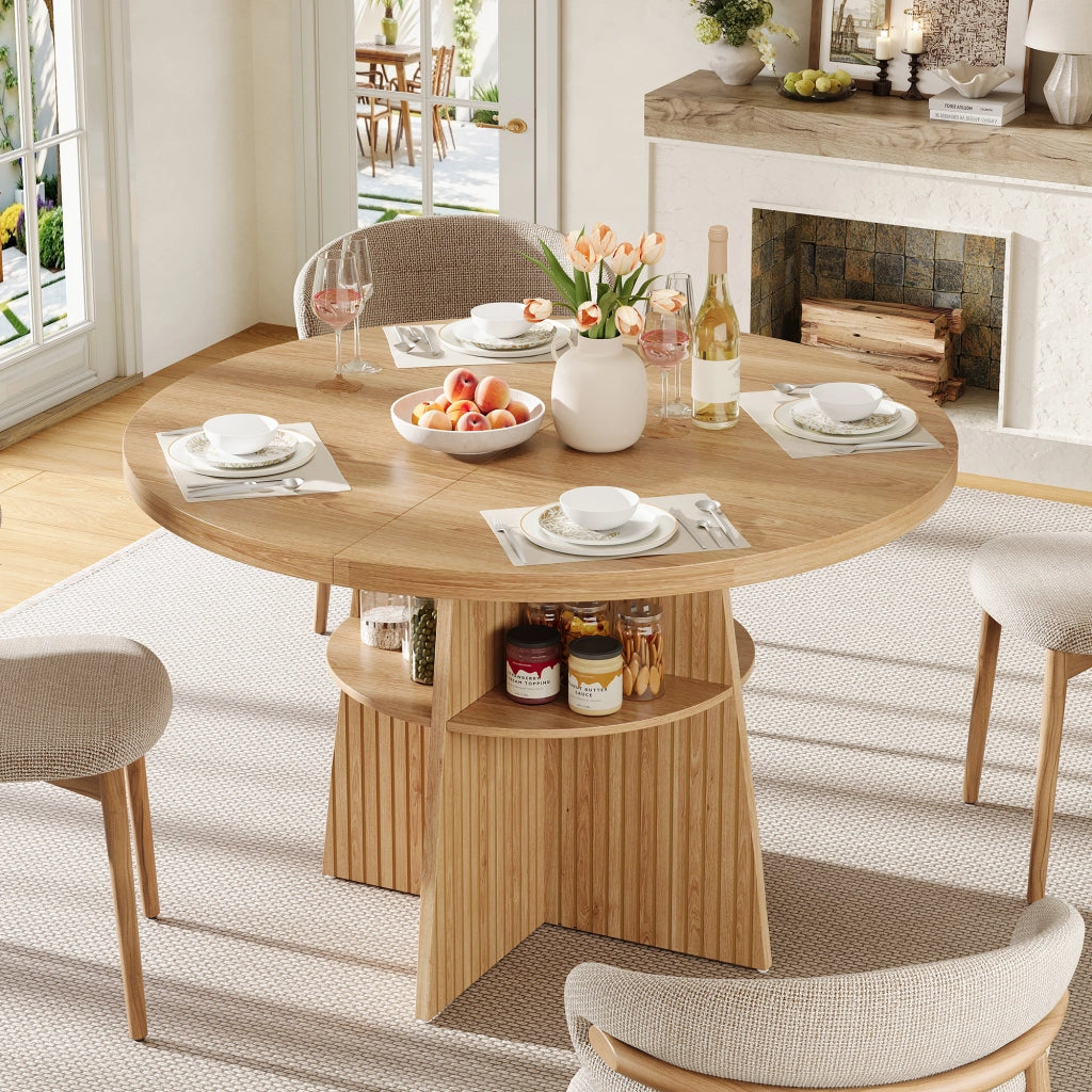 Tavolo da pranzo rotondo allungabile con piano estensibile e ripiano interno per cucina e sala da pranzo in MDF naturale