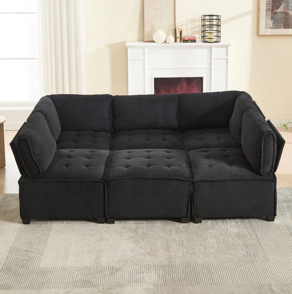 Divano modulare 6 posti 308 cm; velluto a coste nero; configurazione U/L e funzione letto