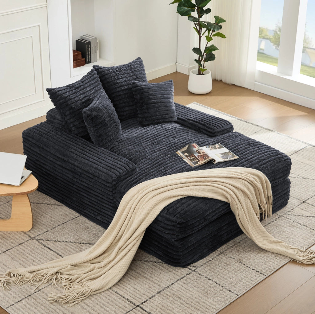 Chaise longue grigia in velluto a coste con 4 cuscini