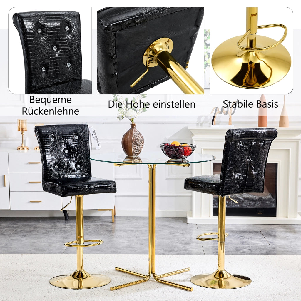 Set di 2 Sgabelli da Bar con Dettagli a Bottone Cristallo; per Cucina e Sala da Pranzo; PVC; Nero