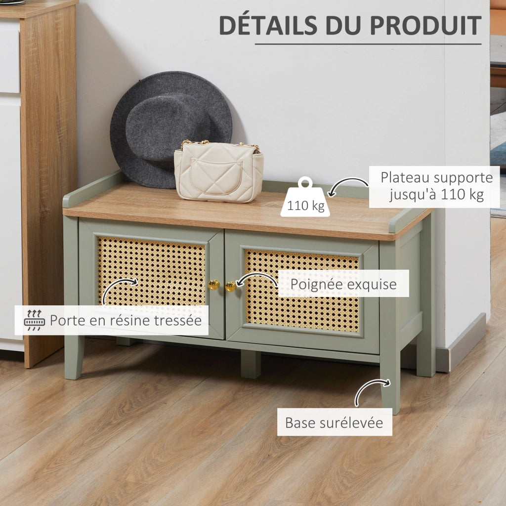 Scarpiera con ripiani e ante in rattan ¨C Zephmum ¨C Verde 80x30x90