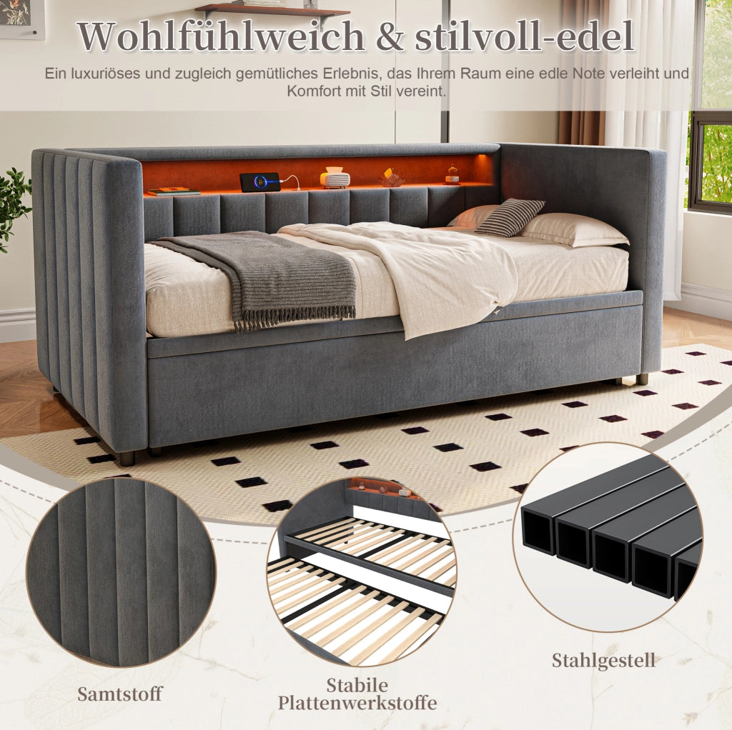 DIVANO LETTO Estraibile 90x190 cm Velluto Grigio Scuro con LED e USB-Type-C