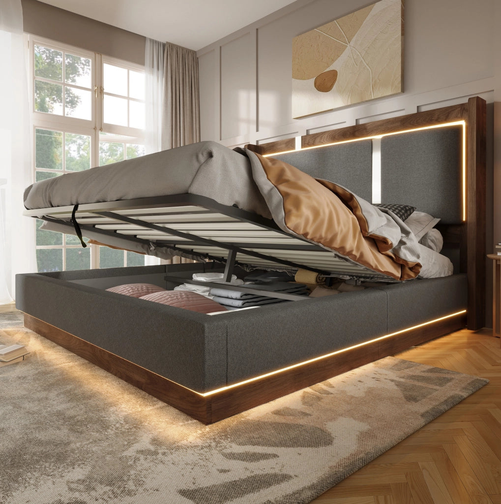 Letto matrimoniale 180x200 cm con contenitore; LED integrati; grigio e noce