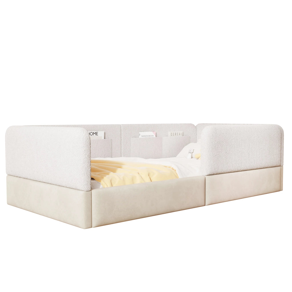 Letto singolo 90 × 200 cm con barriera di sicurezza, tasche portaoggetti, senza materasso, in MDF, bianco