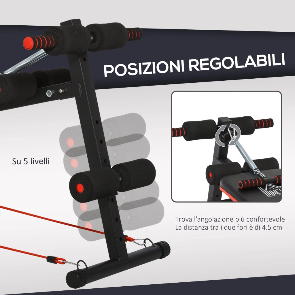 Panca per Addominali Pieghevole e Regolabile con Vogatore e 2 Corde, in Acciaio 51x137x50-66 cm, Nera e Rossa