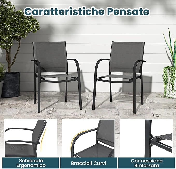 Set di 2 Sedie da Giardino, Sedie da Pranzo Impilabili in Metallo, con Seduta e Schienale Traspiranti, Poltrona Esterno per Giardino Piscina Balcone, Portata 150 kg