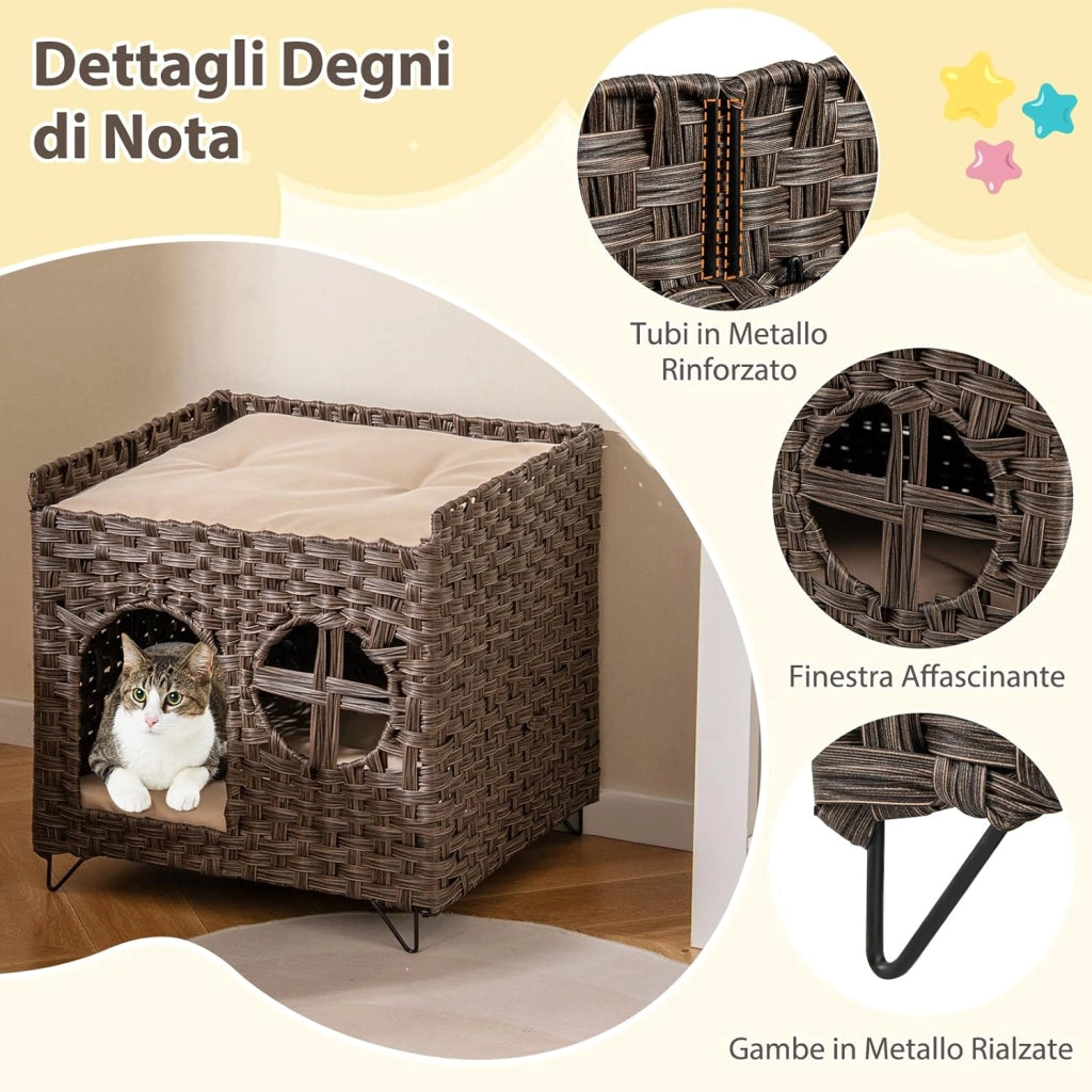 Casetta per Gatti in Rattan 50,5 x 45 x 50 cm, Cuccia a 2 Piani per Gatti con 2 Cuscini, Letto per Animali Domestici per Camera da Letto e Soggiorno