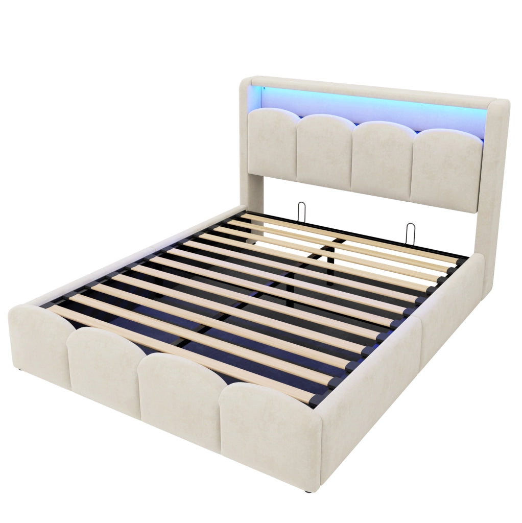 Letto matrimoniale imbottito 140x200 cm in velluto beige con LED; USB e contenitore idraulico