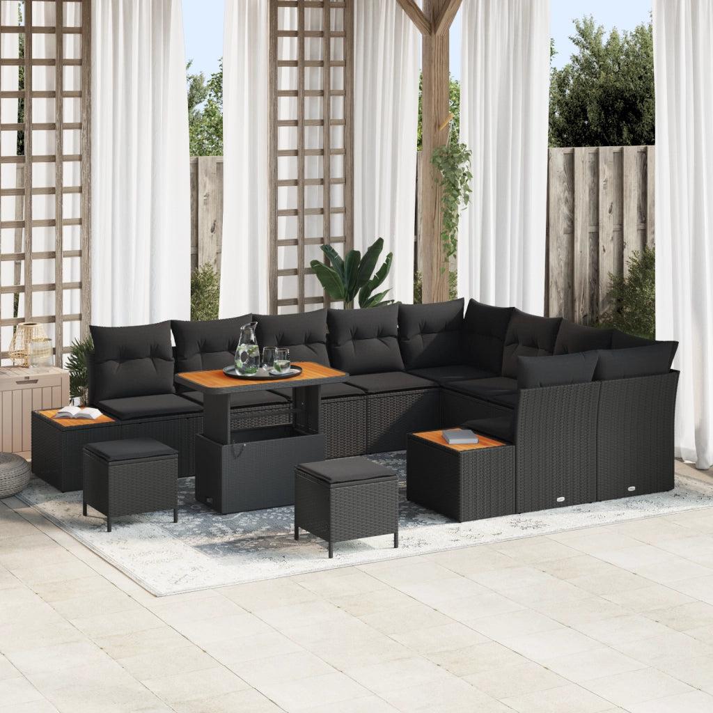 Set Divano da Giardino  12 Pezzi con Cuscini Nero Polyrattan Acacia