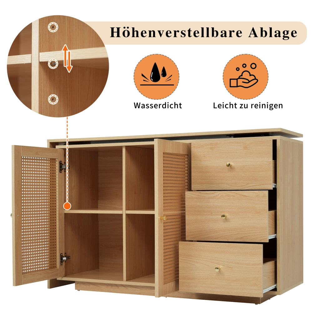 Scrivania angolare con mobile contenitore e piano girevole a 360°, 3 vani e ripiani regolabili, per ufficio, in MDF naturale, 126 × 40 × 75 cm