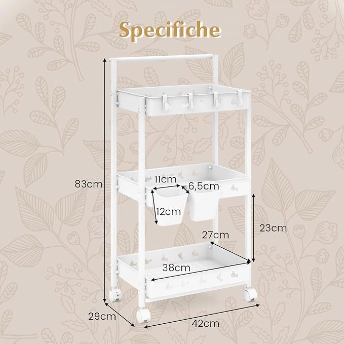 Carrello Portaoggetti a 3 Livelli con Ruote, Carrello di Stoccaggio con 2 Tazze Appese e 4 Ganci, Organizzatore Mobile con Maniglia per Ufficio Soggiorno Cucina e Bagno, Multiuso