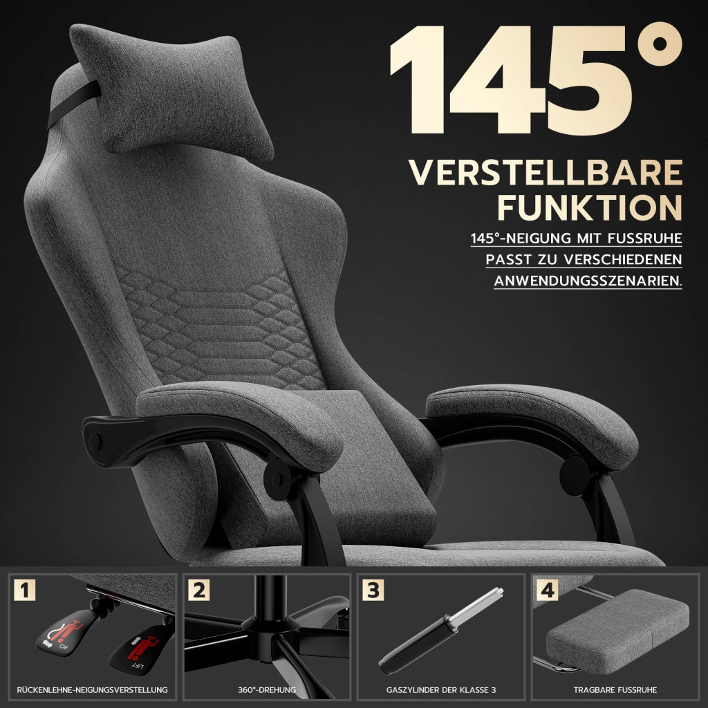 Sedia da ufficio da gaming in tessuto con supporto lombare, poggiapiedi e braccioli sincronizzati grigio chiaro