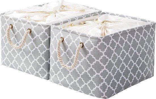 Cassa di archiviazione grande, 42 x 32 x 26 cm, cassetti di stoffa con cordoncino e maniglie, cassetti pieghevoli, cassetti di archiviazione (lampone/grigio, 2 pezzi)