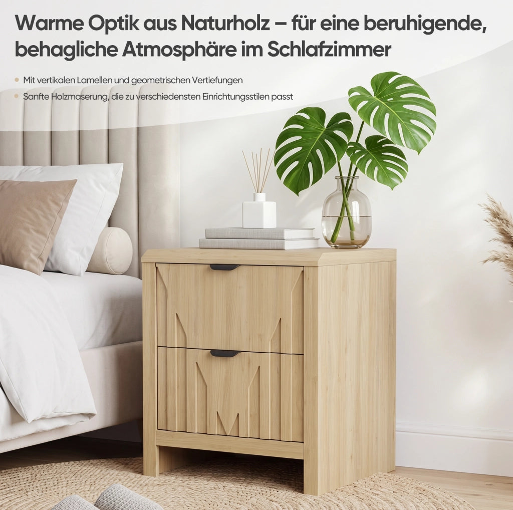 Comodino color rovere con cassetto e finitura scanalata