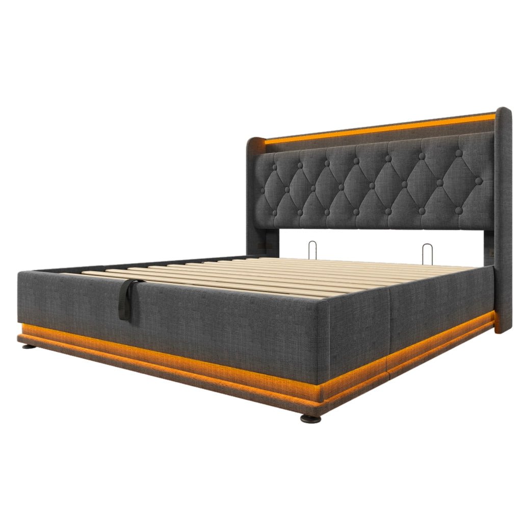 Letto matrimoniale 160x200 cm con LED 360°, contenitore idraulico, porta USB e Type-C, grigio, senza materasso