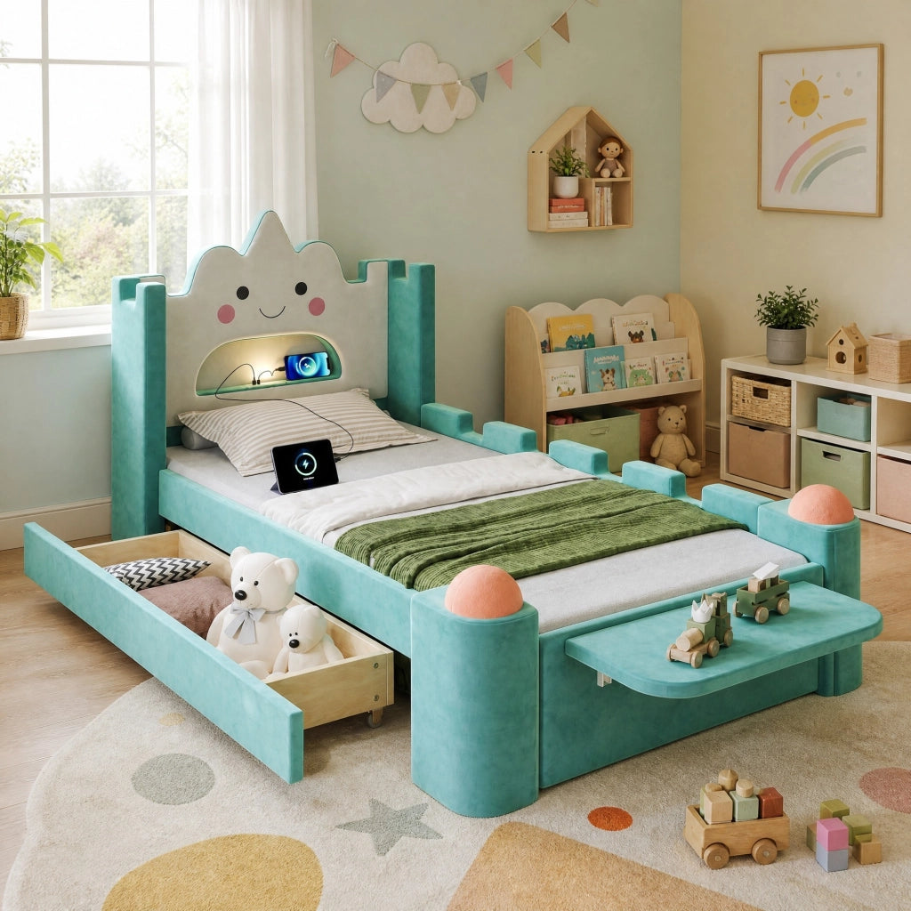 Letto con Sponda 90x200 cm; Letto Singolo - USB; Lampada e Cassetto - Blu Verde