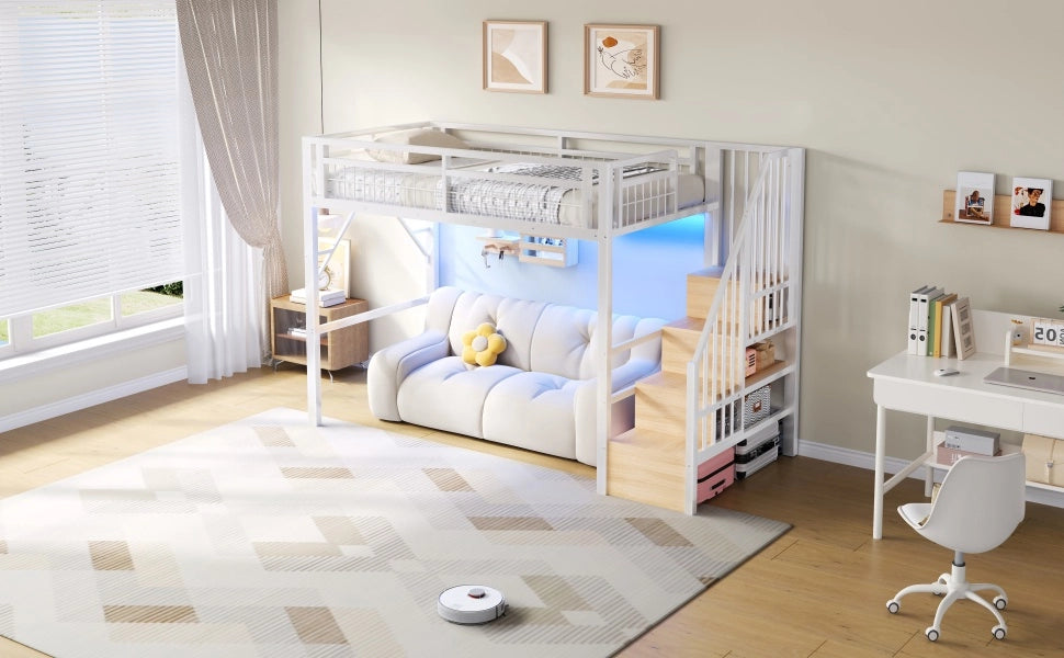 DESMIU Letto a soppalco 1 posto con LED regolabile e scala contenitore, 90 × 200 cm, senza materasso, bianco