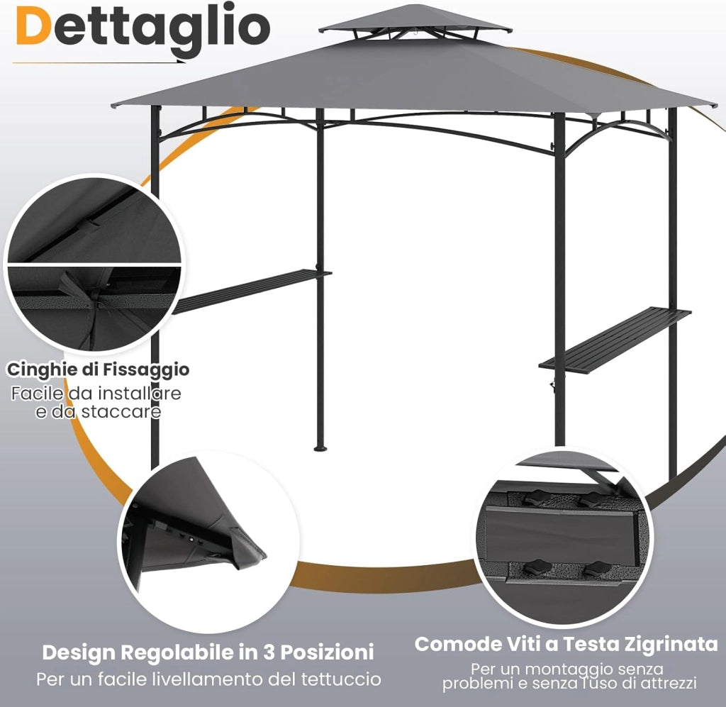 Gazebo per Barbecue 242 x 150 x 250 cm, Bazebo da Giardino per Griglia a Doppio Tetto con 2 Ripiani Laterali e 6 Ganci, Gazebo per BBQ da Giardino, Patio e Terazza, Grigio