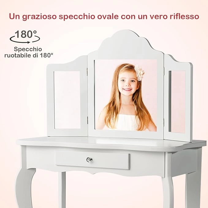 2-in-1 Toeletta Trucco Bambina, Tavolo da Trucco per Bambini con 3 Specchio e Sgabello, Postazione Trucco con 1 Cassetto, 3-7 Anni (Bianco)
