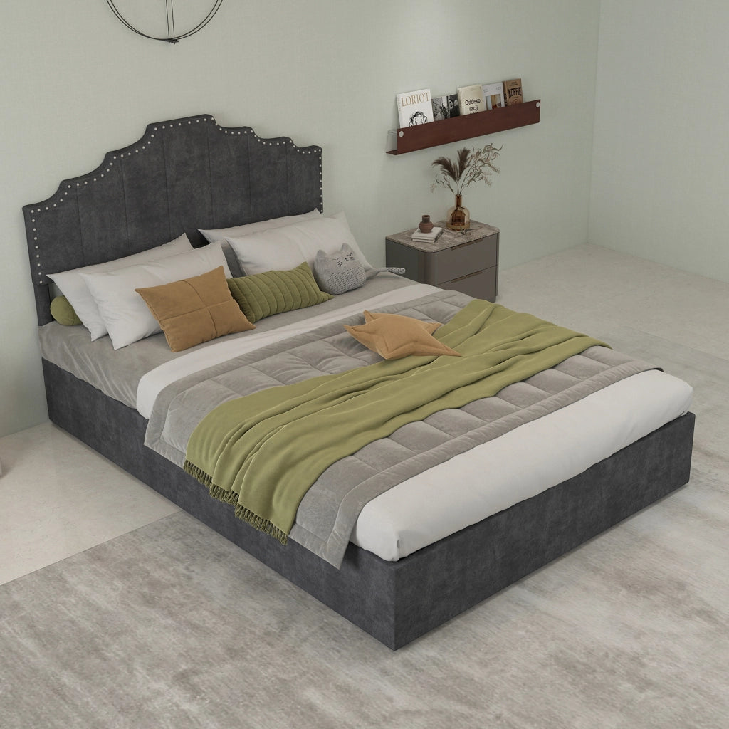 Letto Matrimoniale 140x200 cm; Letto con Materasso; Testiera Geometrica in Velluto Grigio