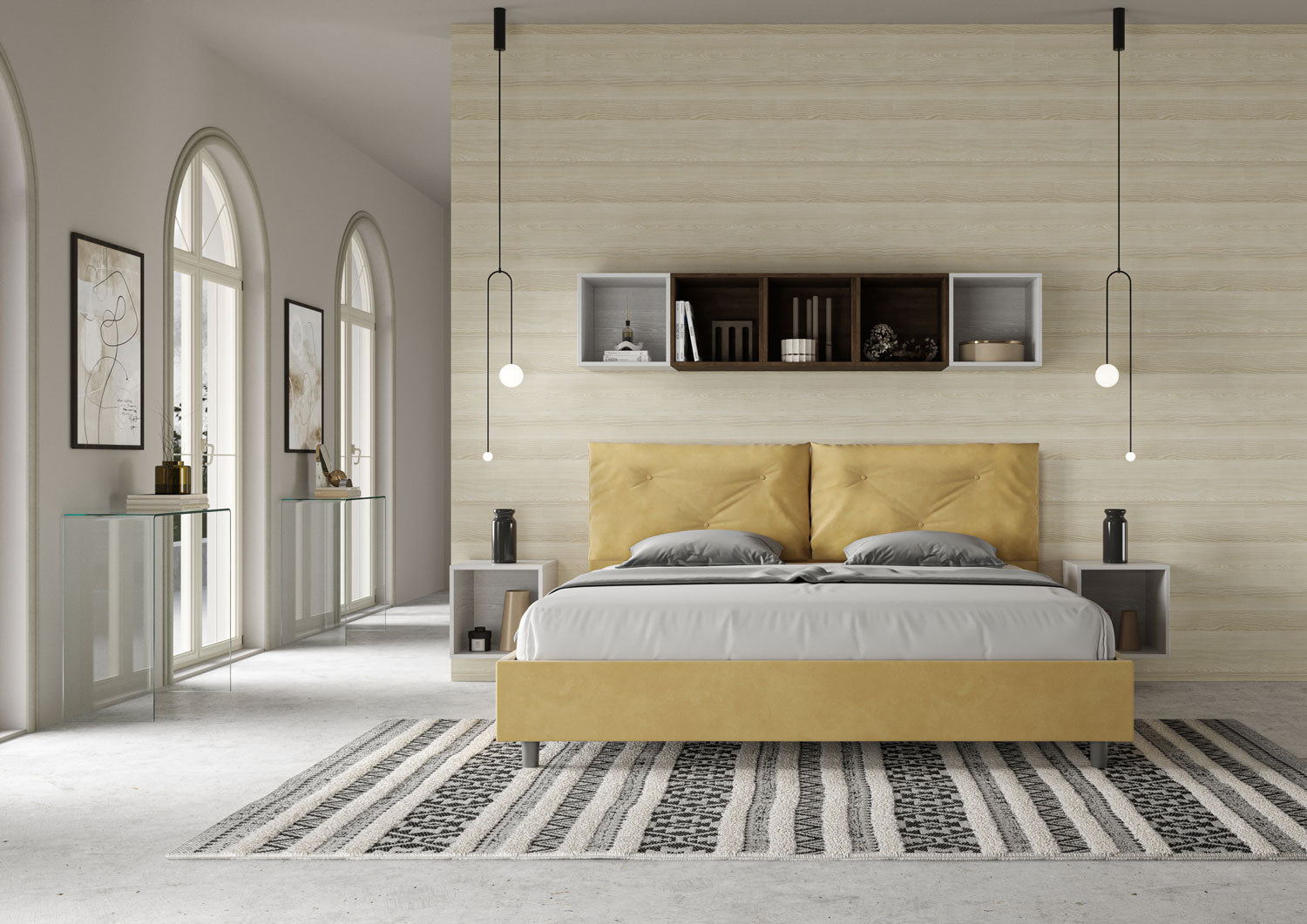 Letto Matrimoniale King Size 200x200 cm Senza Rete Imbottito in Microfibra Appia Large Ocra