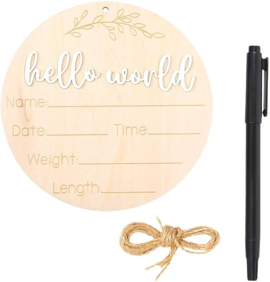 Tabella di Annuncio in Legno "Ciao Mondo" - Tabella di Benvenuto per Bambino - Carte di Nascita - Disegno Bidimensionale - 15 cm di Diametro - Inclusa Penna e Filo