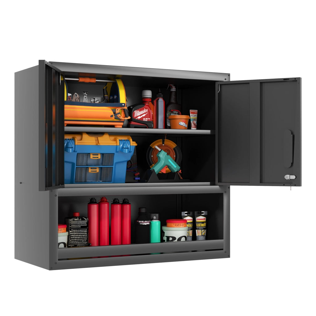 ARMADIO PORTA ATTREZZI DA PARETE 80x75x30 cm Metallo Nero con 2 ante a chiusura e 1 ripiano