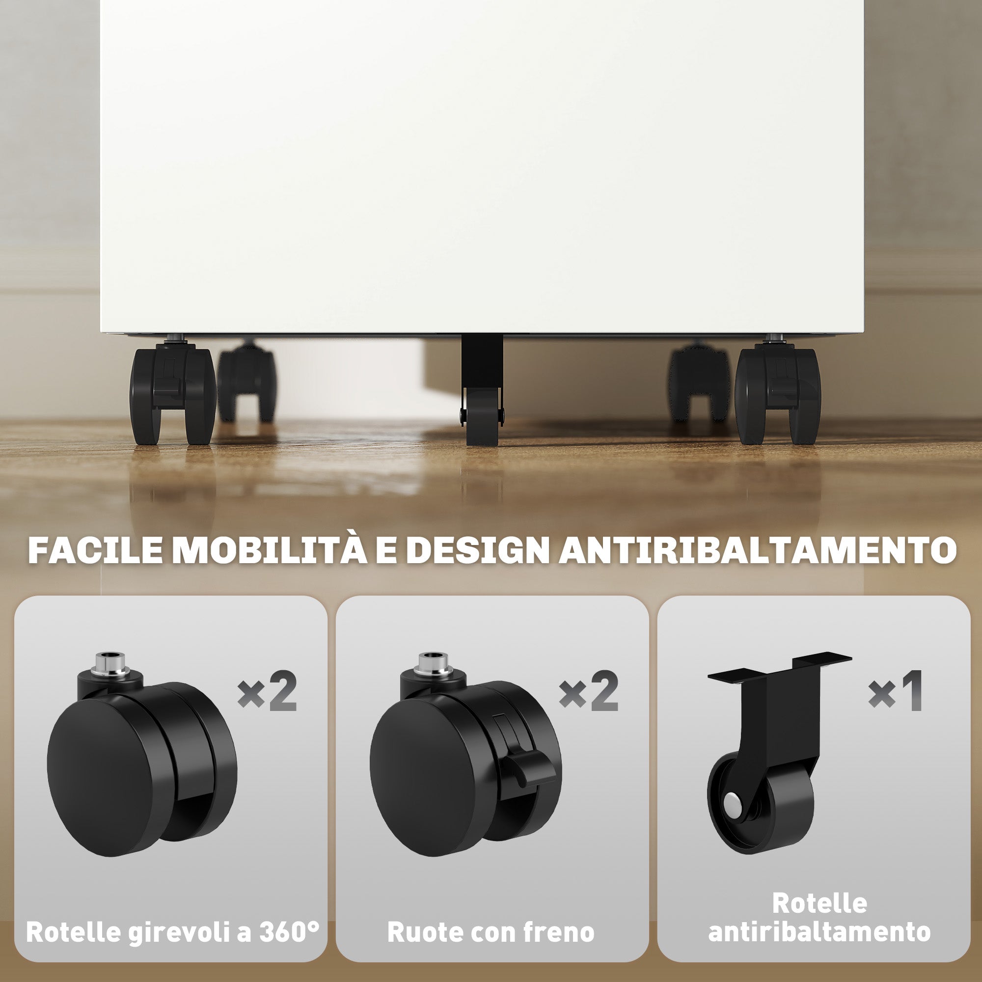 Cassettiera Schedario Portadocumenti 30x43,5x60 cm a 5 Ruote in Acciaio Bianco