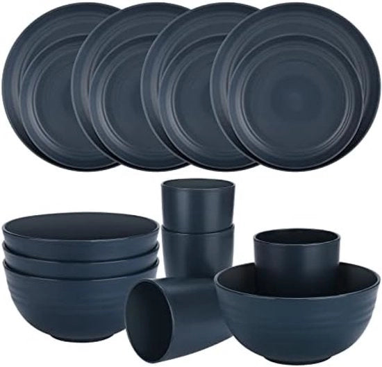 Set di servizio da campeggio, 16 pezzi, Blu marino, Piatti e scodelle da campeggio, Plastica, Resistente alla lavastoviglie, Resistente al magnetron