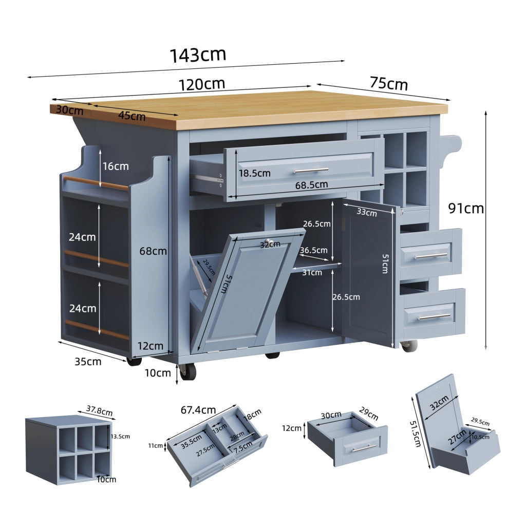 Carrello da cucina pieghevole 143 cm con cassetti e cestello vino blu HAVRYA