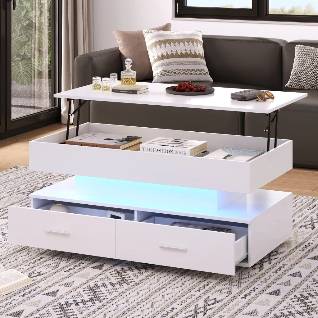 TAVOLINO DA SALOTTO 100x50x44 cm sollevabile idraulico Bianco con LED
