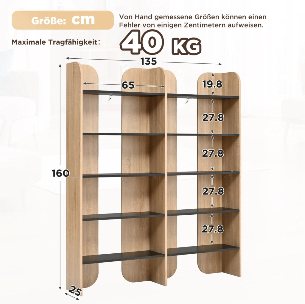 Libreria aperta a 5 ripiani 160x135x25 cm in pannello truciolare naturale e nero